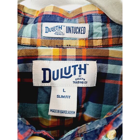 Duluth Untucked Men's Large Slim Fit Navy Blue And Turquoise Plaid Button Up - Picture 3 of 5